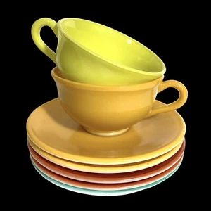 7 Pc Hazel Atlas Ovide Platonite 2 Cups 5 Saucers Tempo Colors Vintage - Picture 1 of 6