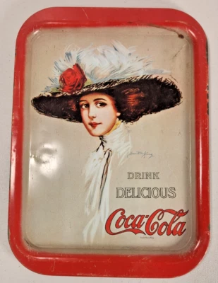 Vintage Drink Delicious Coca Cola Metal Serving Tray Old Fashioned Girl Big Hat - Image 1 of 2