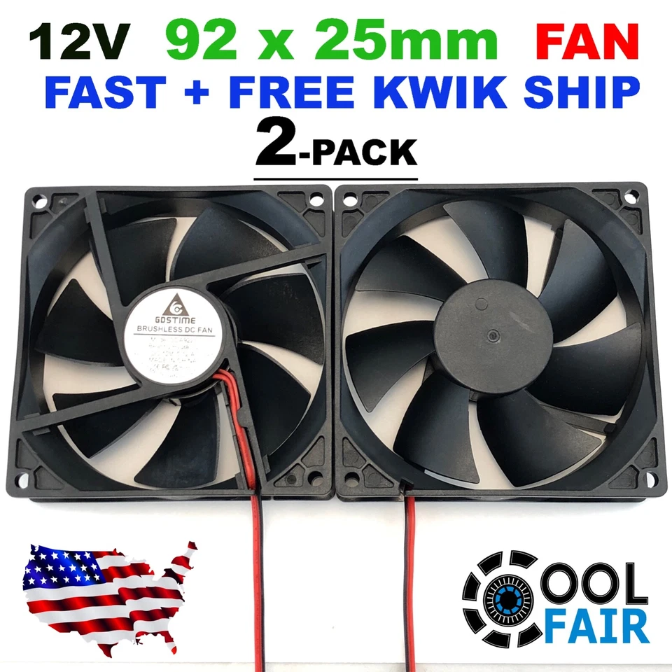 GDSTIME 92mm 9225 12v DC Cooling Fan Computer Case 2-Pin 92mmx92mmx25mm 2-Pack - Image 1 of 4