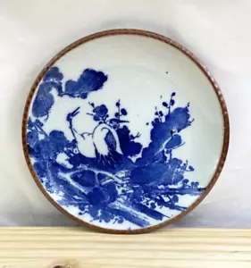 ANTIGUA GRÚA JAPONESA IGEZARA 9.5" PLACA PASTEL CORTEZA BORDE AZUL Y BLANCO - Imagen 1 de 8
