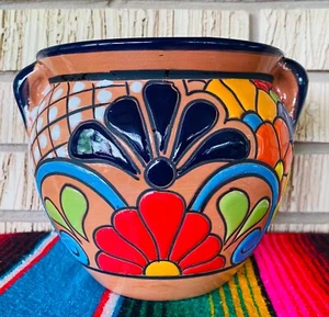 Lg  MEXICAN TALAVERA Folk Art POTTERY FLOWER POT PLANTER CERAMIC #19 - Picture 1 of 11