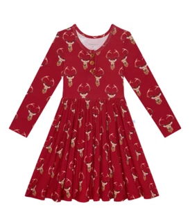 Posh Peanut Long Sleeve Henley Twirl Dress in Dash Deer GIrl's 10-12 - Picture 1 of 6