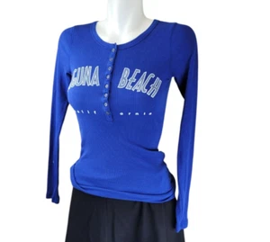 Top Henley de manga larga para mujer M azul acanalado California Y2K Laguna Beach - Imagen 1 de 20