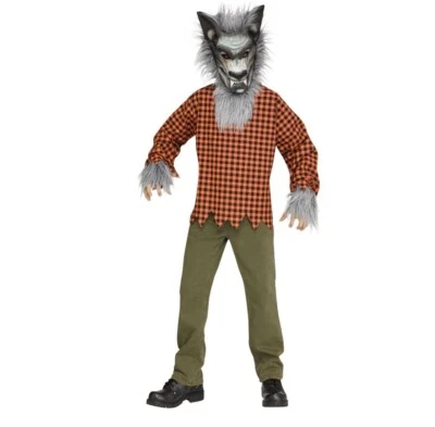 Child Raging Gray Werewolf Mask Plaid Shirt Halloween Costume Boys M L Fun World - Image 1 of 2