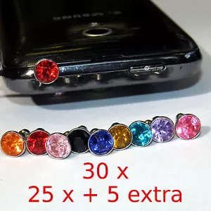 30 = (25x + 5) Bling Diamond Mixed Crystal 3.5mm Earphone Jack Dust Plug Cap - Picture 1 of 3
