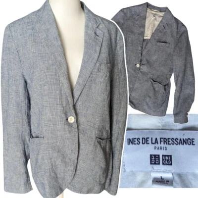 Ines De La Fressange For Uniqlo Blue & White Houndstooth Cotton Blazer Size L - Photo 1/4