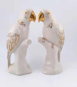 Parrots Parakeets w Gold Accents White Ceramic 5 1/2" Pair - Picture 1 of 15