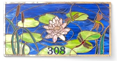 Custom House No. 308 Fireflies & Lilypads 28" x 14" Stained Glass Transom Window - Image 1 of 4