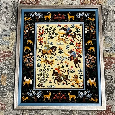 Needlepoint Persian Huntsman Hunting Scene Horses Dimensions #2189 80s Framed LN - Image 1 of 4
