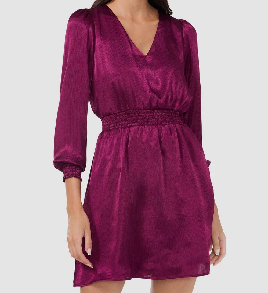 MSK Women Purple V-Neck Smocked Long-Sleeve Fit & Flare Dress Petite Size PM