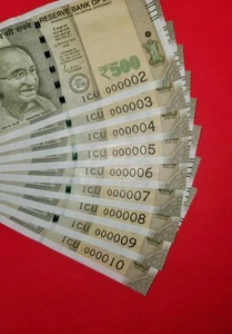 Lower Serial 000002 -000010 India 500 rupee 9 UNC banknotes. - Picture 1 of 3