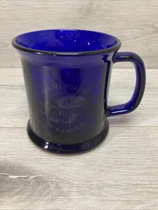 Vintage University of Kansas KU Coffee Mug Etched Blue Glass Double-Sided USA - Picture 1 of 8