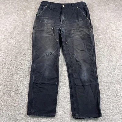 Calça Carhartt Joelho Duplo Masculina 34x30 Preta Lona Carpinteiro EUA Desbotada Desbotada - Imagem 1 de 4