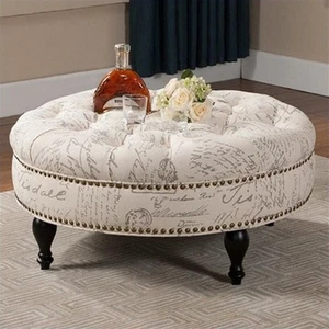 Palfrey Script Print Ottoman in Beige - Picture 1 of 2