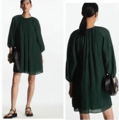 COS Puff-sleeve Seersucker Dress SIZE 44 AU 16 Dark Green Long Sleeve Foto 1 de 4