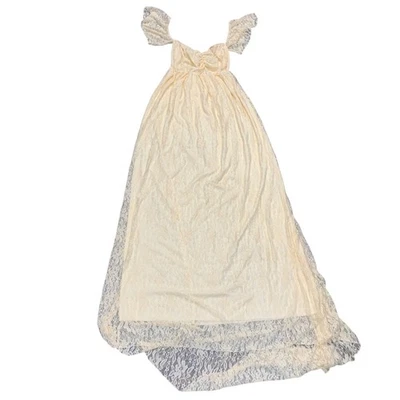 Lace Maxi Dress With Train Large Off Shoulder Ruffle Sleeve Prom Formal Cream - Image 1 of 4