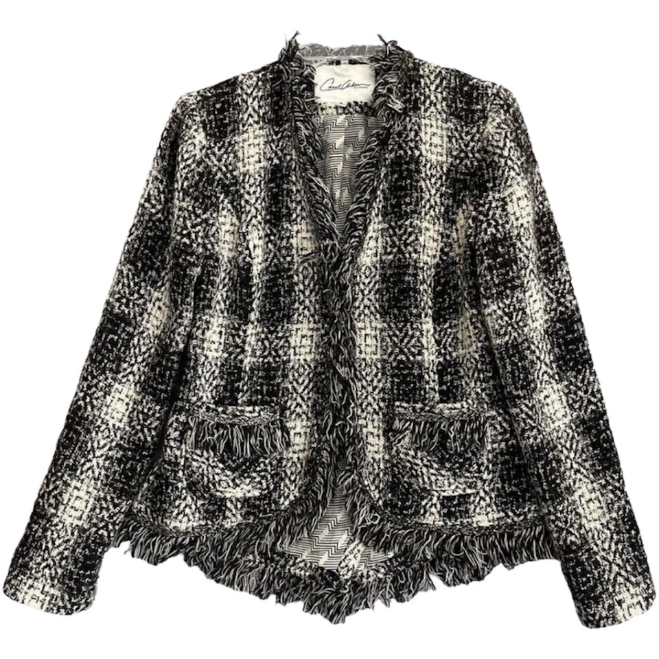CABI Tweed Shag Fringe Jacket Women's 2 Black White Check Plaid Career Academia - Image 1 of 4