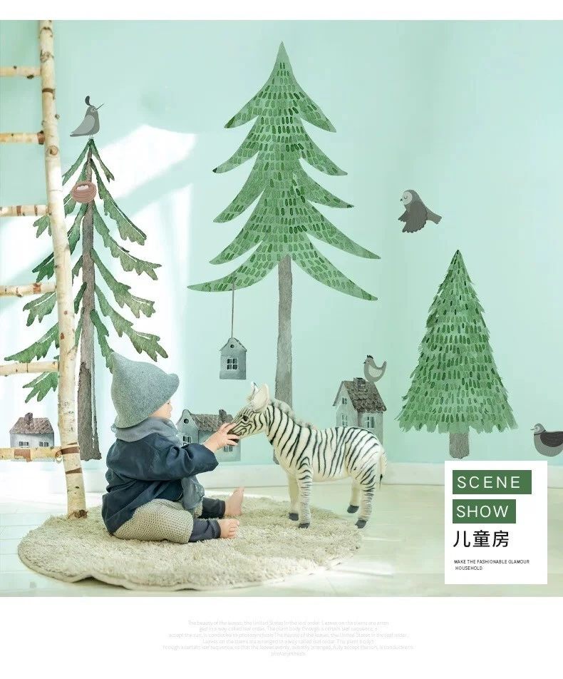 Pegatina de pared extraíble hágalo usted mismo pino y pájaros para decoración de pared de habitación de niños Foto 1 de 4