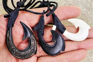 3 Bali Fish Hook Pendants Hand Carving Maori Hei Matau - Picture 1 of 3
