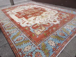 Alfombra grande vintage tradicional hecha a mano de lana oriental blanca azul - Imagen 1 de 12