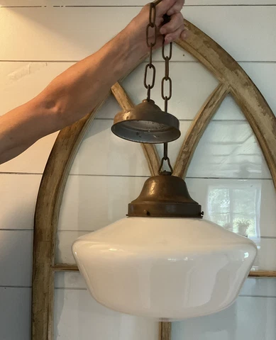 HUGE 15” VINTAGE 1930’s-1960'S MILK GLASS OLD SCHOOL HOUSE CEILING LIGHT FIXTURE Cover