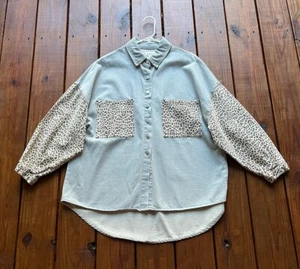 NWOT POL women's size M light blue jean denim & leopard print long sleeve top - Picture 1 of 16
