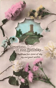 Postcard Birthday Greetings Flowers and Castle Early 1900's Real Photo - Foto 1 di 2