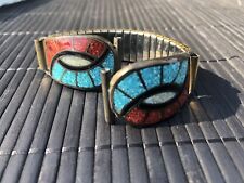 Vintage 925 Silver Gold Toned Turquoise Coral Onyx Mother of Pearl Watch Band