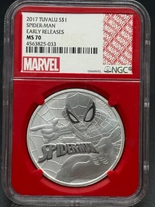 2017 Tuvalu Silver Spider Man $1 NGC MS 70 Early Releases - Picture 1 of 4