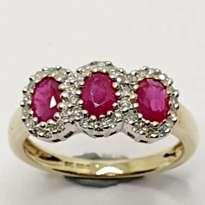 Pinky Ring 9ct Ruby Triple Cluster Diamond 0.50ct Yellow Gold Ring Size J 3/4 - Picture 1 of 24