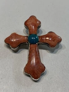 Vintage Sterlingsilber stachelige Auster Türkis Kreuz Anhänger 1,5"L Southwestern - Bild 1 von 4