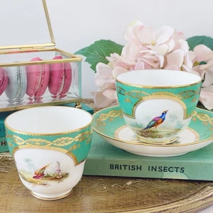 Antique Coalport John Randall handpainted trio teacup coffee cup saucer, birds C - Picture 1 of 13
