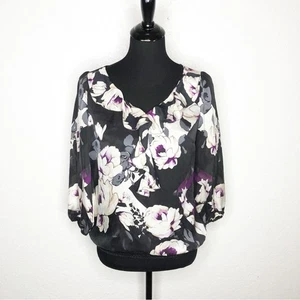 WHBM black cream purple floral silk ruffle front top size Small - Picture 1 of 14