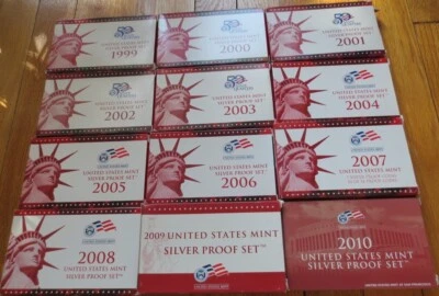 1999 to 2010 Silver Proof Set U.S. Mint COA  12 Silver Sets with Silver Quarters - Image 1 of 4