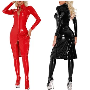 Womens Dress Nightclub Bodycon Gothic Patent Leather Slim Fit Adult Shiny Punk - Picture 1 of 32