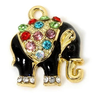 5 Stunning Black Elephant Gold Tone Charm with Mixed Rhinestone & Enamel Detail - Picture 1 of 1