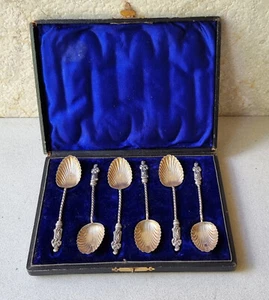 Antique Victorian Boxed Set 6 HMSS & Gilt Monk Finial Teaspoons Birmingham 1897 - Picture 1 of 14