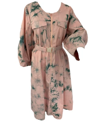 RACHEL ANTONOFF Dress Size L Midi Cotton Pink Green Tie-Dye Puffy Sleeve Belted - Image 1 of 4