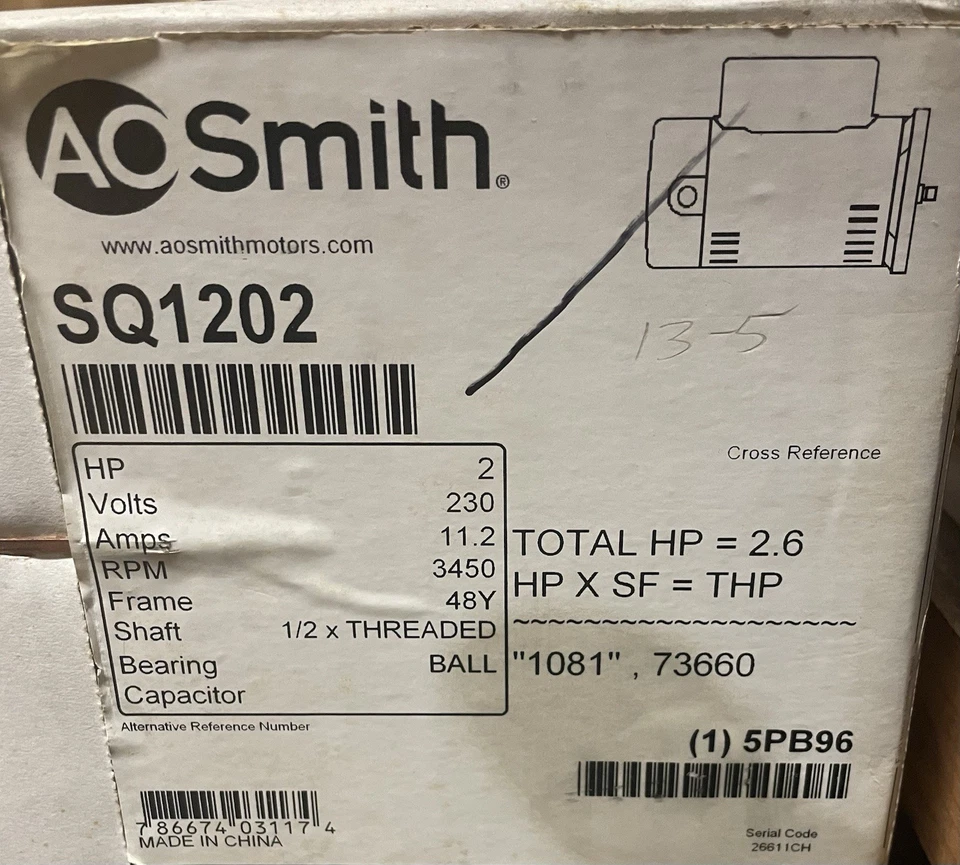 SQ1202 Square Flange 2 HP Full Rated 48Y Pool Pump Motor, 11.2A 230V - Image 1 of 1