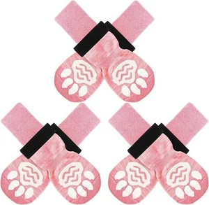 6Pcs Dog Paw Protector Long Ribbed Knit Socks Hook & Loop StrapsAnti-Slip Pink L - Picture 1 of 8