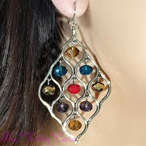 Deco Boho Chic Czech Rainbow Glass Bead Gold Chandelier Trellis Gypsy Earrings - Picture 1 of 10