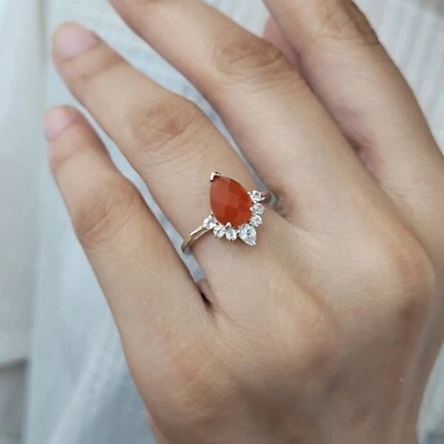 Red Carnelian Teardrop Cut Ring 925 Sterling Silver Engagement Ring Gift For her - Image 1 of 4