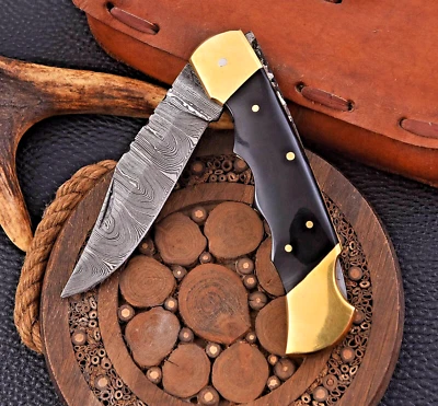 Custom HandMade Forged Damascus Steel Folding Pocket Knife BackLock W Sheath 963 - Image 1 of 4