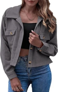 Women's Fashion Cropped Button Down Corduroy Shirt Shacket Jacket Long Sleeve - Picture 1 of 7
