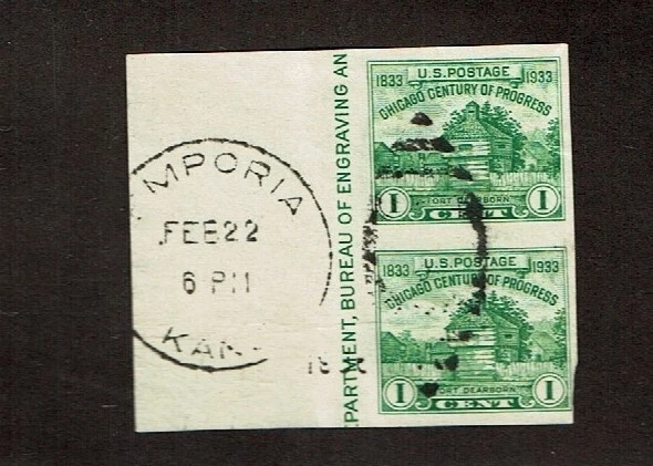 1933 U.S. CLASSIC 1c  FORT DEARBORN  PAIR  Sc#730a Fancy Cancel EMPORIA KS - Image 1 of 1