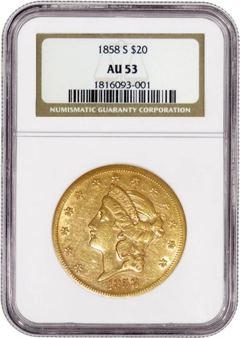 1858 S $20 Liberty Head Double Eagle Gold NGC AU53 About Uncirculated Coin Cover