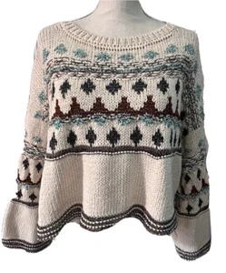 ZARA Jacquard Chunky Knit Metallic Cropped Sweater Oversized BoxyFit Cream Small - Picture 1 of 13