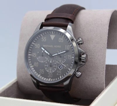 全新 正品 Michael Kors ThoMPKINS 灰色 棕色皮革 CHRONO 男式 MK8863 手表 — 第 1/4 张图片