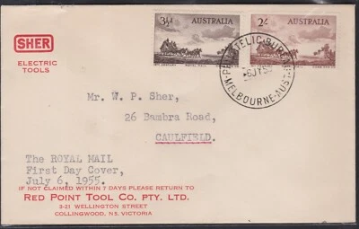 1955 Cobb & Co Royal Mail FDC Australia SHER (RED POINT TOOL CO. COLLINGWOOD) - Image 1 of 2