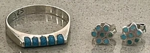 Vintage 925 Sterling Silver Turquoise Inlay Ring Size 5.5 + Earrings - Picture 1 of 5